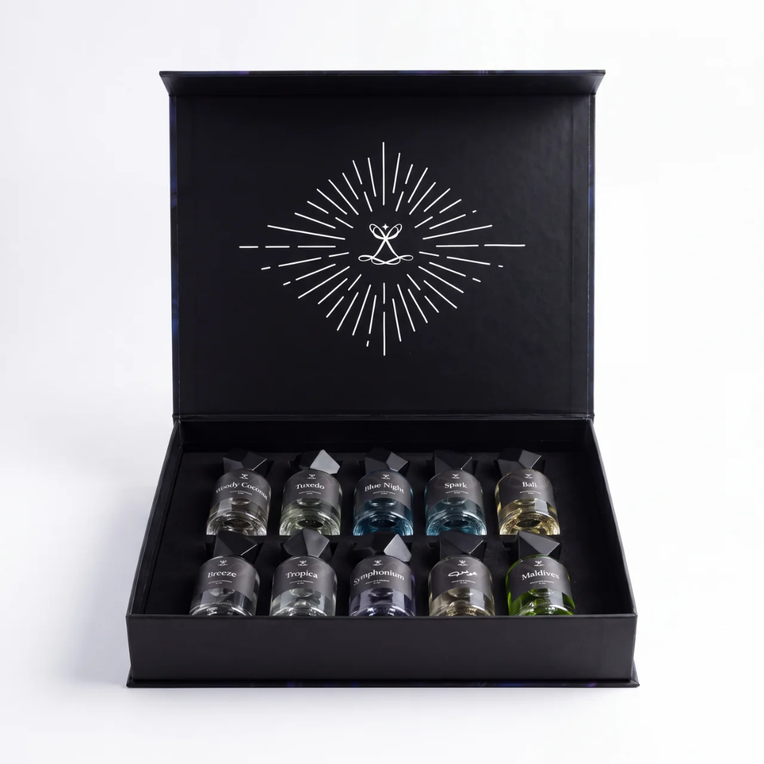 Summer VIP Box open showing 10 fragrance bottles